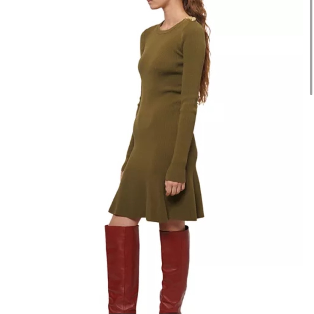 DEREK LAM 10 CROSBY Vanessa Ribbed Knit Flounce Dress In Olive Size Medium - Picture 3 of 15